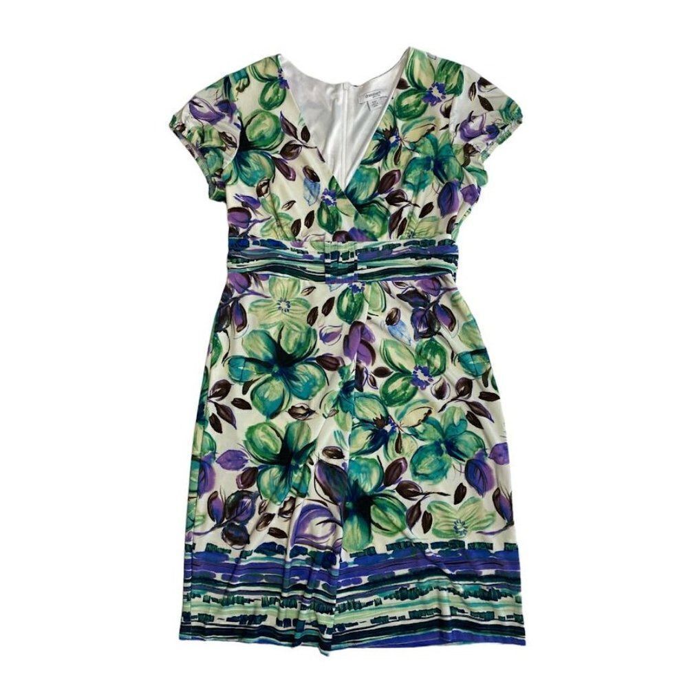 DRESS BARN DB Purple Green Floral Surplice Neckline Stretch  Dress 12p 12 Petite